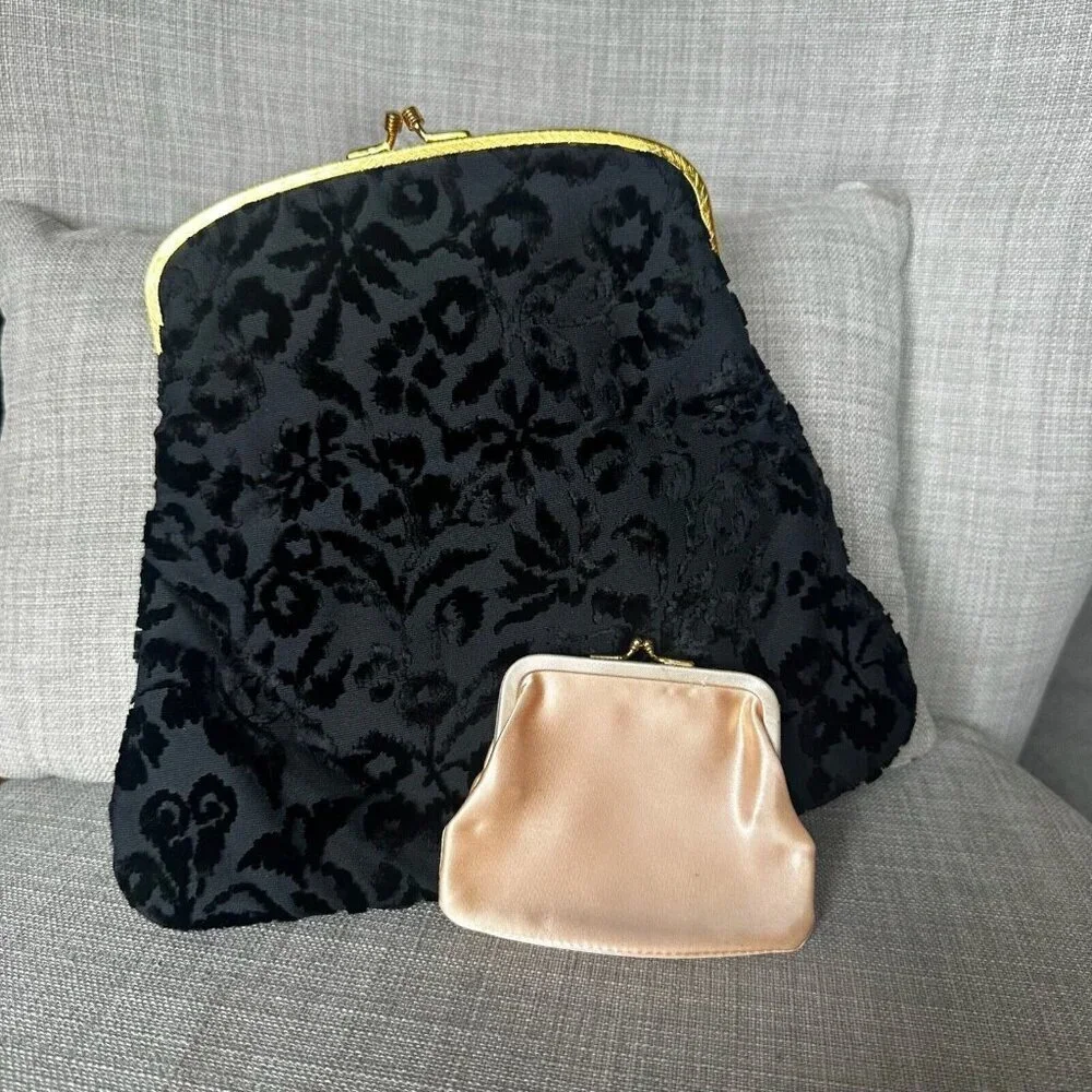 Vintage Coblentz Black Floral Clutch Velvet Burnout Coin Purse‎ Kiss Closure